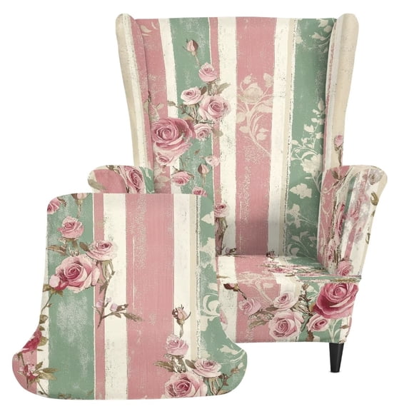 Glofpot Stretch Fit Wingback Chair Furniture Cover Wrinkle‑Proof Sofa Guard Distressed Stripe Vintage Rose Shabby Chic Country Floral For Wingback Chair