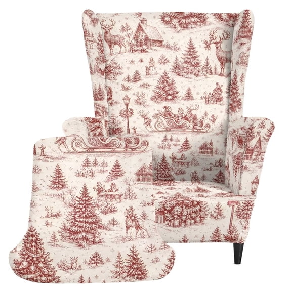 Glofpot Stretch Wingback Chair Slipcover Removable Anti‑Dirt Furniture Protector Red Vintage Winter Village Sleigh Reindeer Cabin Christmas Toile For Wingback Chair