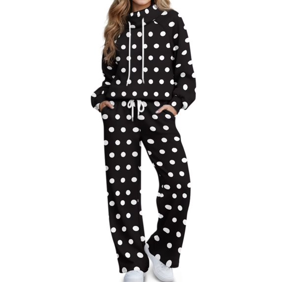 Glofpot Women Loungewear Set, Turtleneck Sweatshirt Set, Casual Outfit Women 2 piece Loungewear Set, Long Sleeve Pullover Top, High Waisted Wide Leg Pants with Pockets, Black Polka Dot Tracksuit