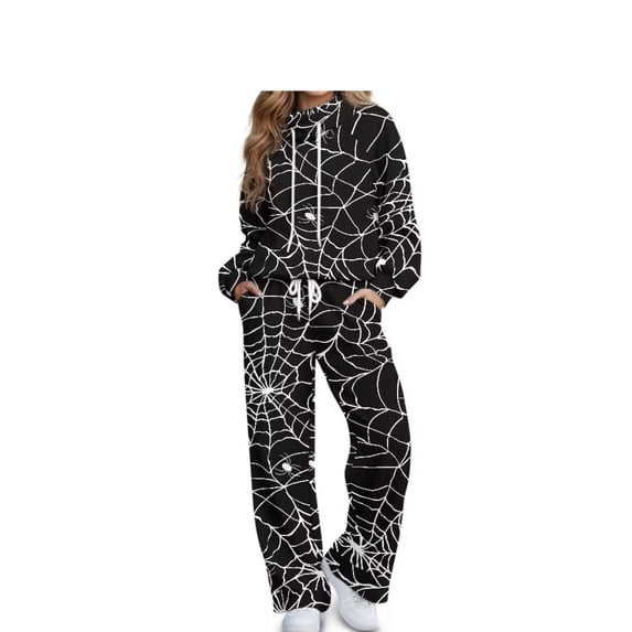 Glofpot Women Turtleneck 2 Piece Outfit, Sweatshirt Matching Lounge Sets Mock Neck Tracksuit Wide Leg Sweatpants, Women Everyday Loungewear, Drawstring Sportswear, Matching Lounge Sets, Spider Web