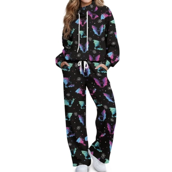Glofpot Women Turtleneck 2 Piece Outfit, Sweatshirt Matching Lounge Sets Mock Neck Tracksuit Wide Leg Sweatpants, Women Everyday Loungewear, Drawstring Sportswear, Matching Lounge Sets, Gothic Bat