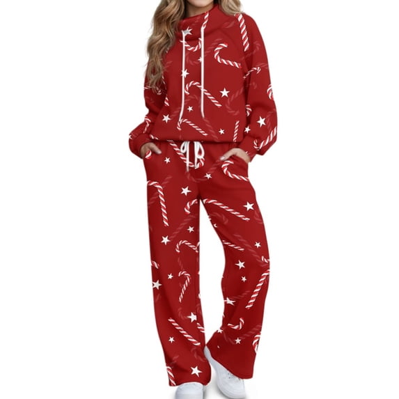 Glofpot Women Turtleneck 2 Piece Outfit, Sweatshirt Matching Lounge Sets Mock Neck Tracksuit Wide Leg Sweatpants, Women Everyday Loungewear, Drawstring Sportswear, Matching Lounge Sets, Candy Cane
