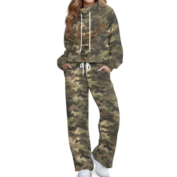 Glofpot Women's 2 Piece Outfits, Mock Neck Sweatsuits Loungewear Set Long Sleeve Sweatshirt, Wide Leg Sweatpants, Oversized Sweat Sets, Casual Tracksuit,Drawstring Activewear, Camo Deer Print