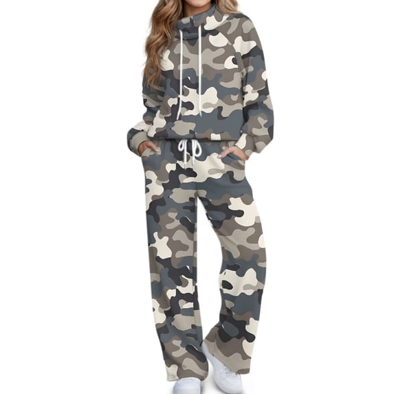 Glofpot Women's 2 Piece Outfits, Mock Neck Sweatsuits Loungewear Set Long Sleeve Sweatshirt, Wide Leg Sweatpants, Oversized Sweat Sets, Casual Tracksuit, Drawstring Activewear, Grey Camo