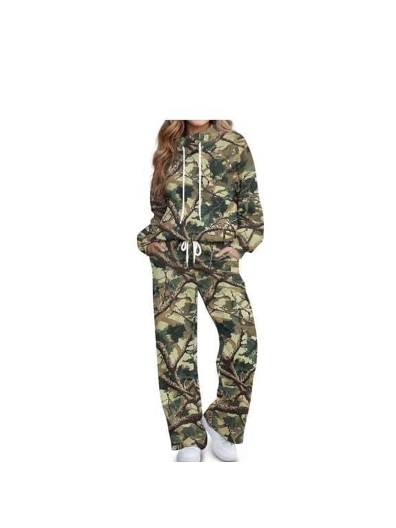 Women's Casual Outfits, Women 2 Piece Outfit, Turtleneck Long Sleeve Top High Waisted Wide Leg Pants Set Drawstring Pocket Soft Loungewear Suit Tree Leaf Camo