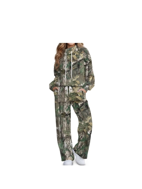 Women's Turtleneck Set, Women 2 Piece Outfit, Turtleneck Long Sleeve Top High Waisted Wide Leg Pants Set Drawstring Pocket Soft Loungewear Suit Forest Camo