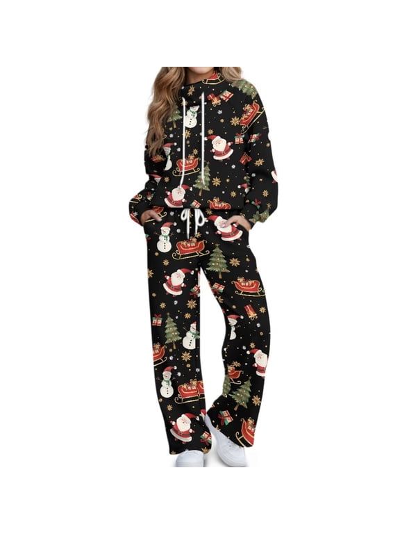 Women's Turtleneck Set, Women 2 Piece Outfit, Turtleneck Long Sleeve Top High Waisted Wide Leg Pants Set Drawstring Pocket Soft Loungewear Suit Santa Sleigh