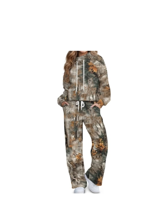 Women's Turtleneck Set, Women 2 Piece Outfit, Turtleneck Long Sleeve Top High Waisted Wide Leg Pants Set Drawstring Pocket Soft Loungewear Suit Forest Camo