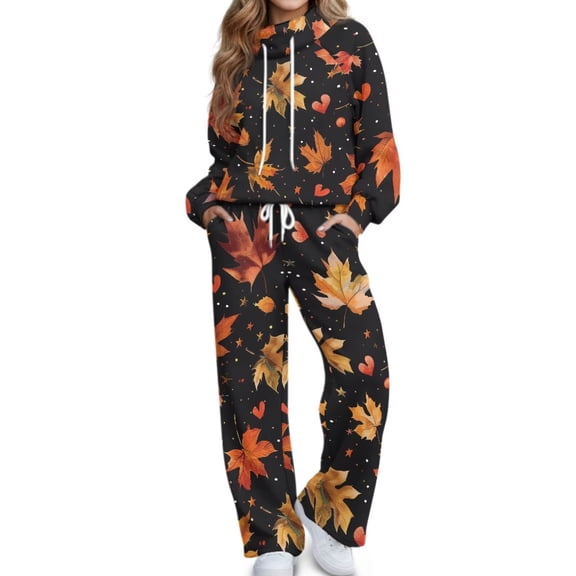 Glofpot Women's Turtleneck Set, Women 2 Piece Outfit, Turtleneck Long Sleeve Top High Waisted Wide Leg Pants Set Drawstring Pocket Soft Loungewear Suit Black Autumn Leaf