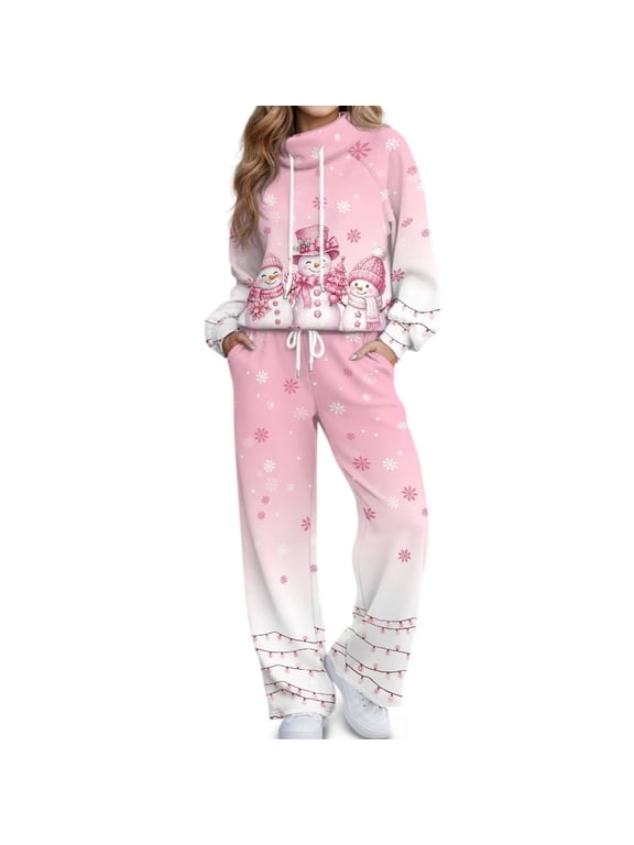 Women's Turtleneck Set, Women 2 Piece Outfit, Turtleneck Long Sleeve Top High Waisted Wide Leg Pants Set Drawstring Pocket Soft Loungewear Suit Pink Snowman Light