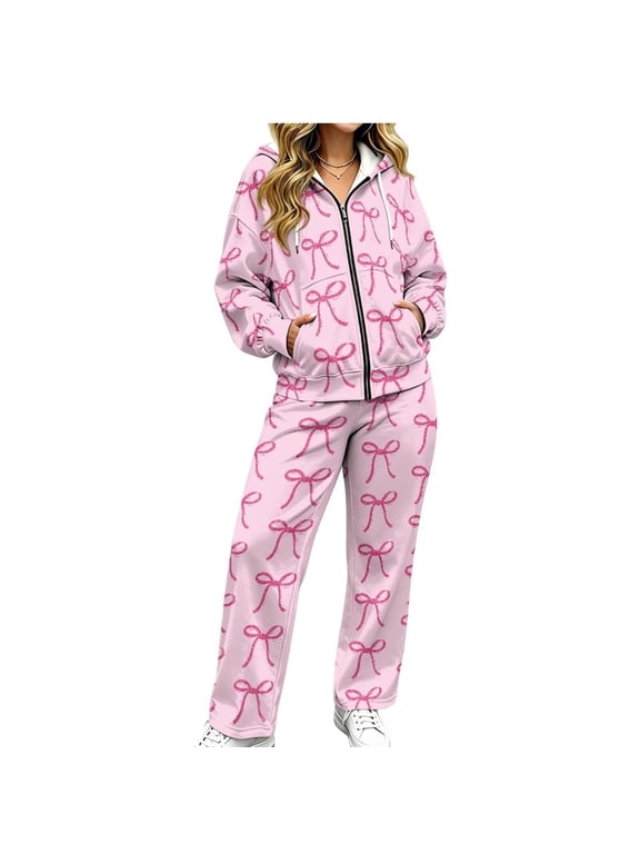 Womens 2 Piece Casual Outfits, Long Sleeve Sweatshirt, Lounge Set Full Zip Tracksuit & Wide Leg Sweatpants Matching Sets, Fall Activewear, Streetwear Clothing,Ladies Jogger Set, Pink Bow