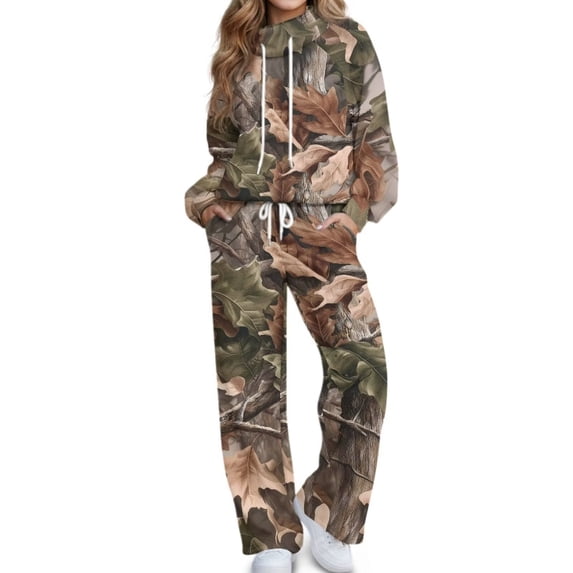 Glofpot Womens 2 Piece Casual Outfits, Turtleneck Sweatshirt, Lounge Set Drawstring Tracksuit & Wide Leg Sweatpants Matching Sets, Fall Activewear, Fit for Travel, Home, Hangout, Forest Camo Print