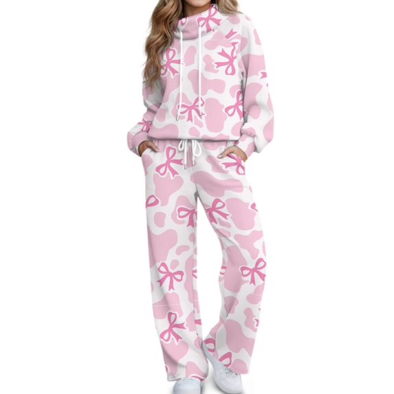 Glofpot Womens Casual Tracksuit, Turtleneck Sweatshirt & Wide Leg Pants Women Two Piece Set, Plus Size Sweat Shirt & High Waist Pants, Drawstring Jogging Set, for Casual Daily Travel, Pink Cow Bow