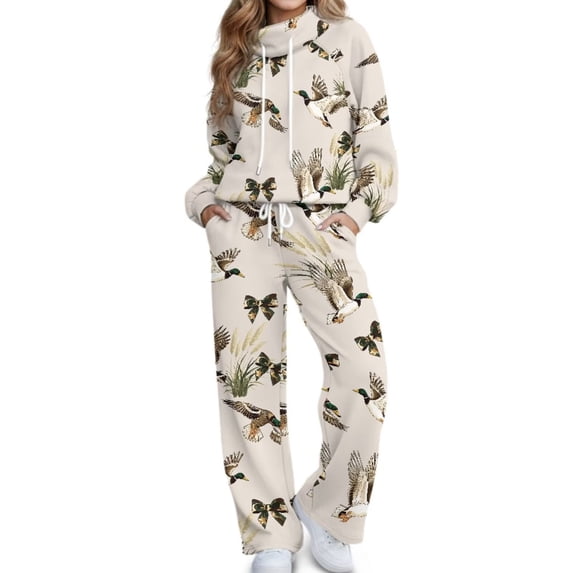 Glofpot Workout Sets for Women 2 Piece Outfits, Mock Neck Sweatshirt Long Sleeve Pullover Tracksuit, Wide Leg Trousers with Pockets, Matching Lounge Set, Airport Outfit, Duck Camo Bow Sweat Suit