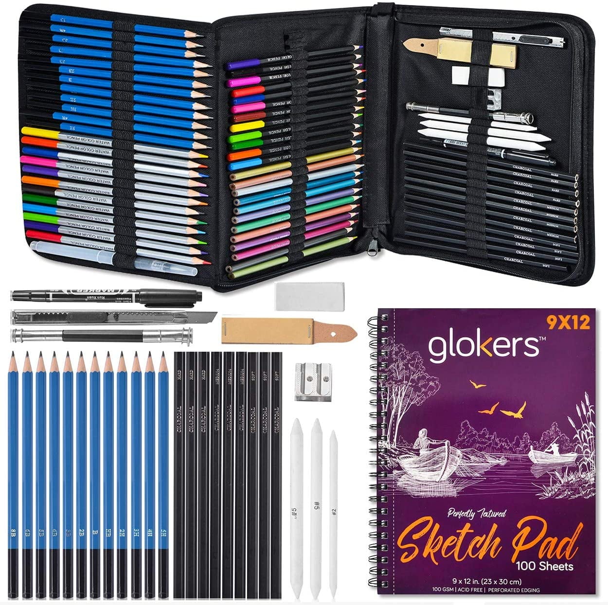 52-Piece Drawing Set with Pencils, Charcoals, Pastels - Includes 2 Drawing  Pads, Sharpener, Art Supplies in Tin Box