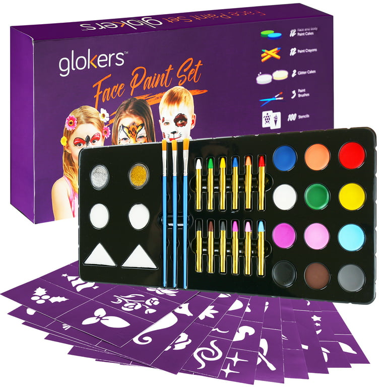 Glokers Face Paint Set - Face painting Kit Contains Cake Paints, Crayons,  Paint Brushes, Glitter, Sponges and Stencils - Sensitive Skin Face and Body