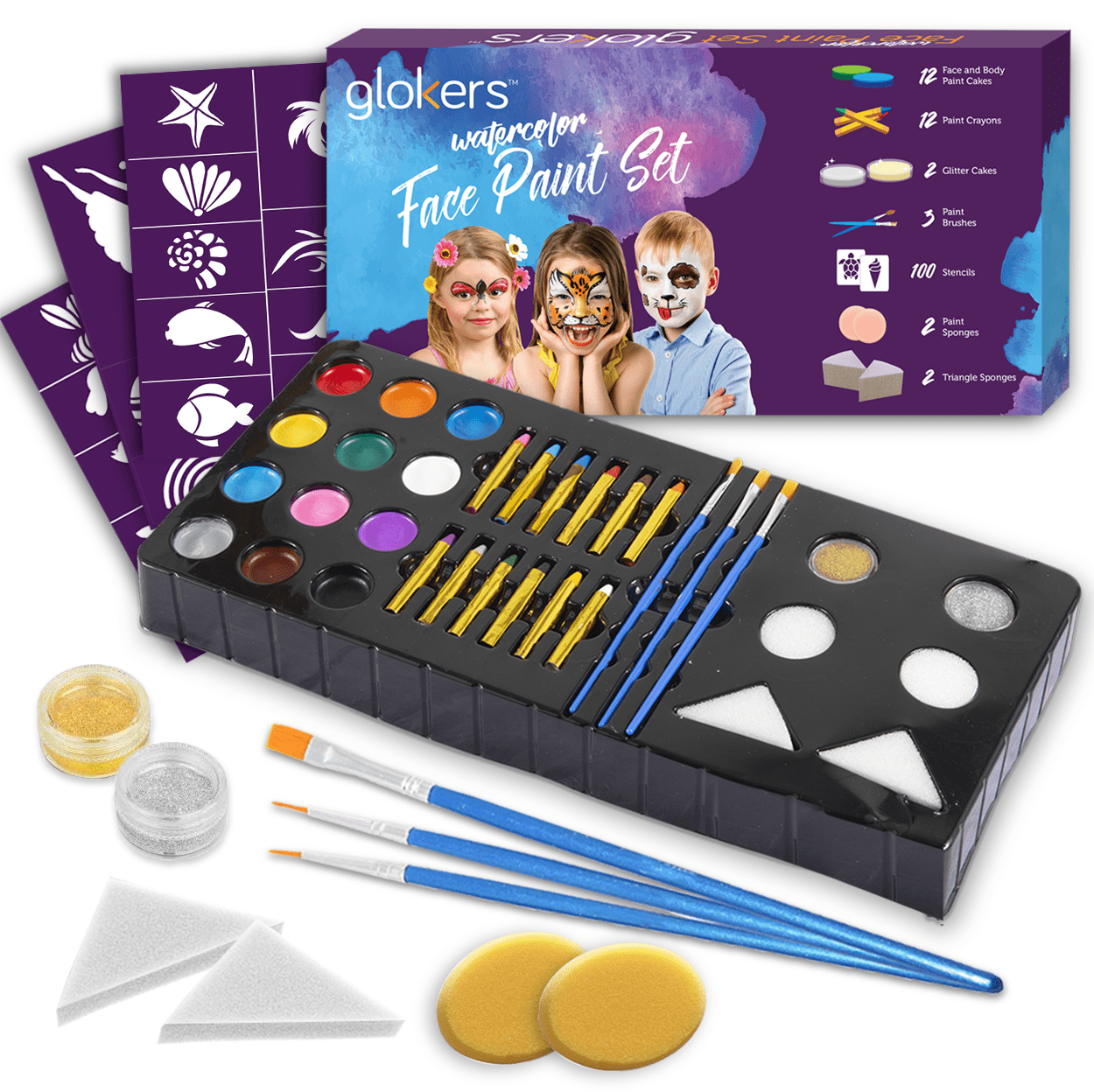 Face Painting Kit for Kids Halloween Face Paint Kits 18 Colors, 28  Stencils, Split Cake, 2 Hair Chalks 6 Brushes 2 Glitter 4 Sponges Body  Paints Set