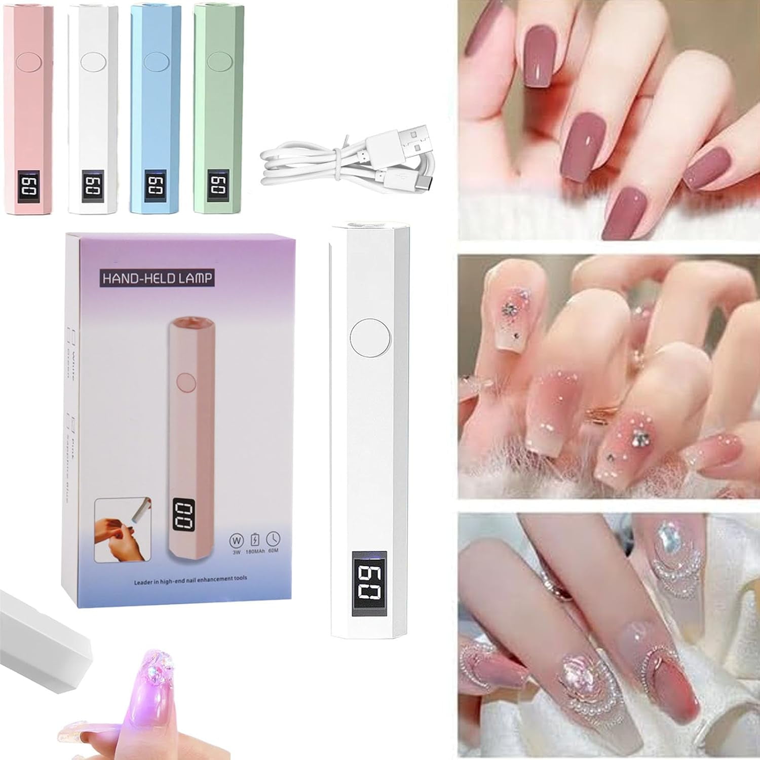 Glonailstickers Finger Nails Uv Light, Glo Nail Stickers Kit with Uv Light, Portable Mini Nail Lamp, Rechargeable Display Nail Dryer, Two-Speed Timer Gel Nail Lamp, Suitable for Home Salon Use (White)