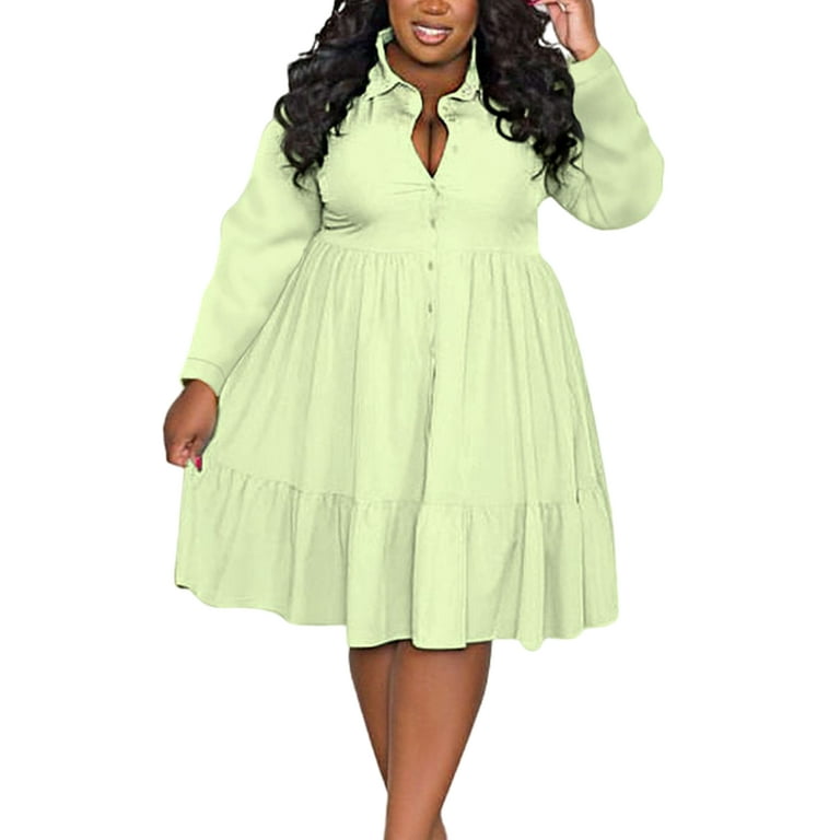 Glonme Ladies Dress Plus Size Knee Length Dresses Lapel Collar Beach  Oversized Casual Loose Long Sleeve Light Green XL