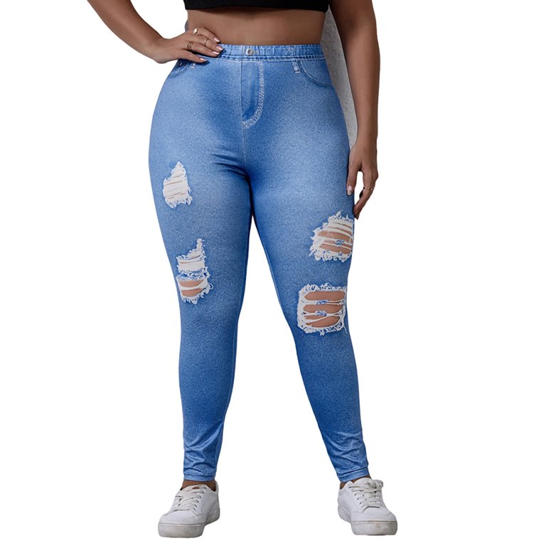 Glonme Ladies Fake Jeans High Waist Look Print Jeggings Oversized Printed Denim  Leggings Sport Stretch Bottoms Slim Fit Plus Size Pencil Pants Blue A 6XL 
