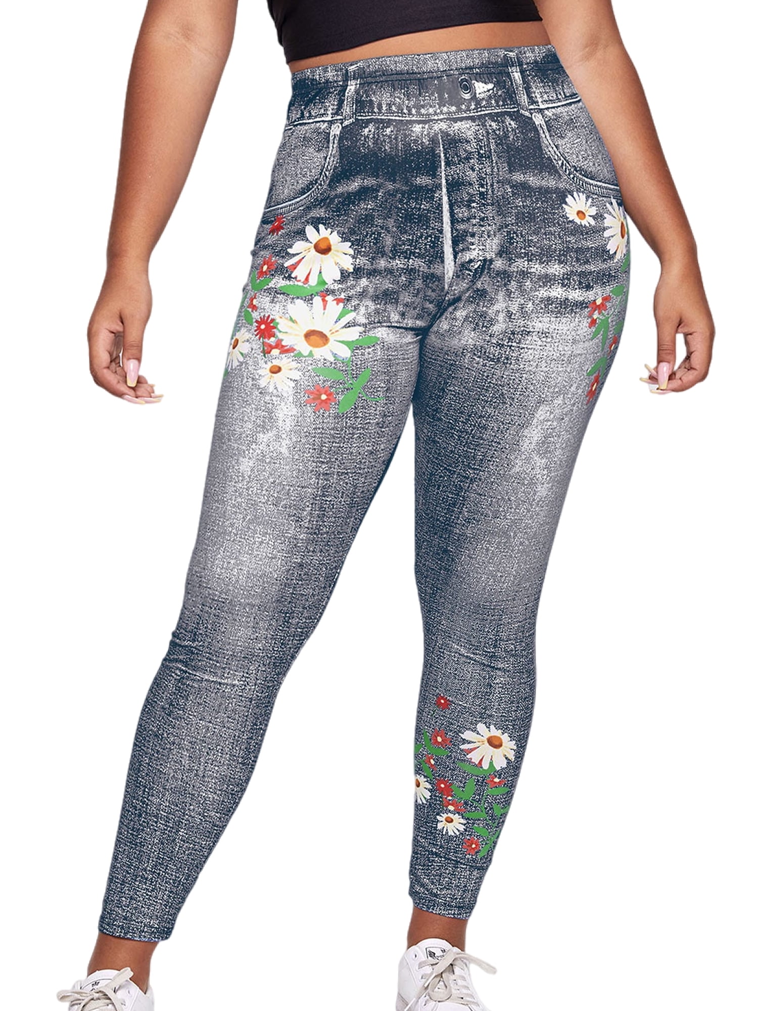 Glonme Ladies Faux Denim Pant Floral Print Plus Size Leggings High Waist  Fake Jeans Running Skinny Trousers Tight Tummy Control Jeggings Gray 4XL 