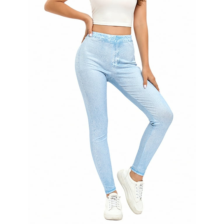 Glonme Ladies Leggings Denim Print Jeggings Solid Color Faux Jeans Pant  Sport Casual Bottoms Stretch Tummy Control Trousers Light Blue S 
