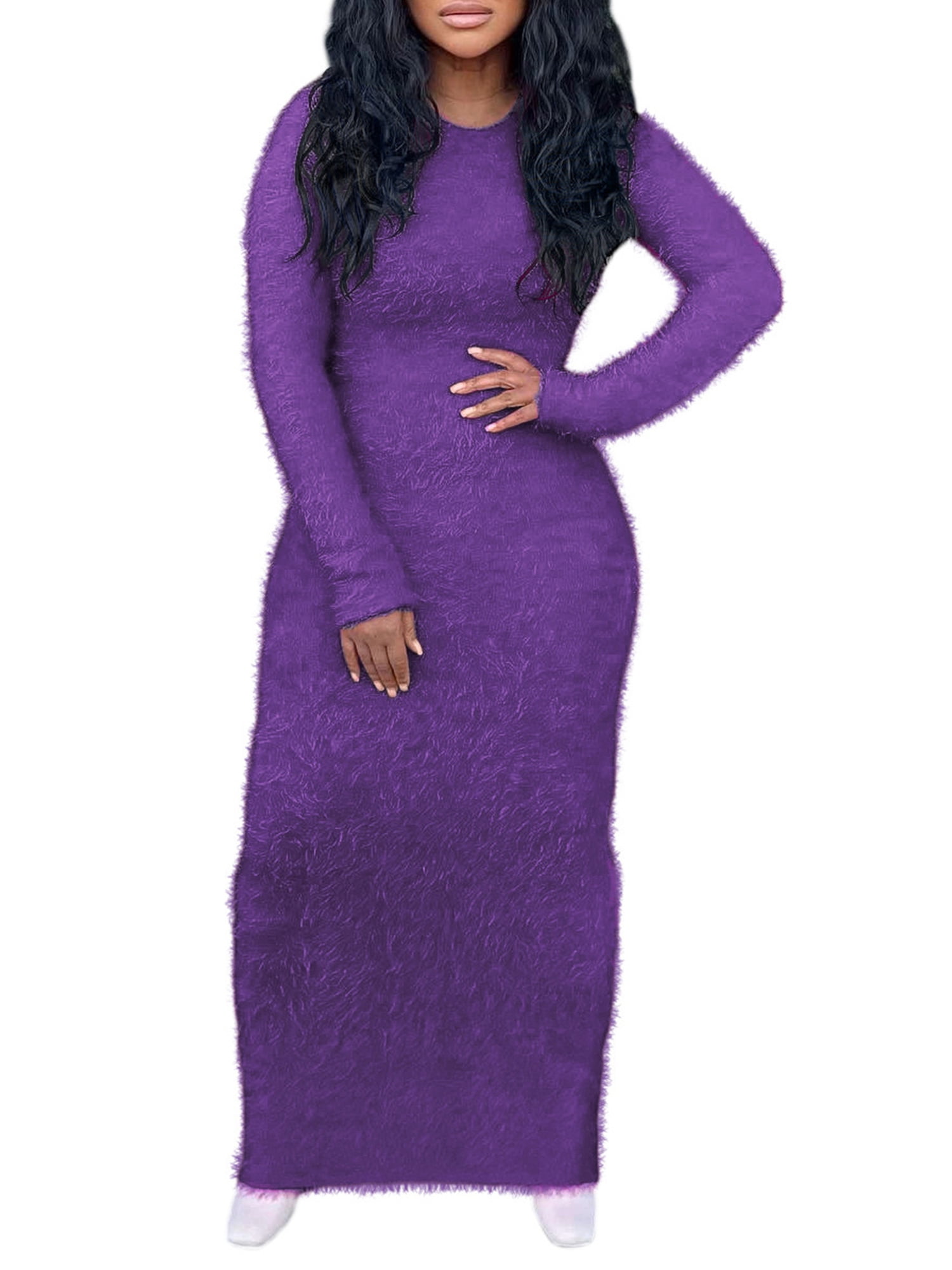 Glonme Ladies Sweater Dress Fuzzy Fleece Maxi Dresses Crew Neck