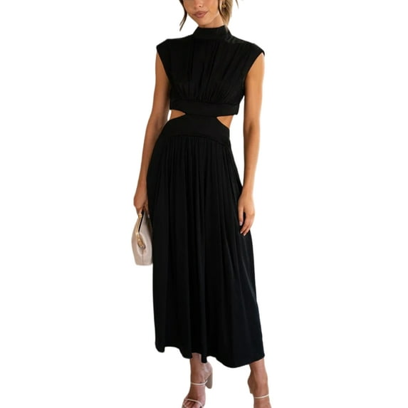 Glonme Ladies Tank Dress Stand Collar Long Maxi Dresses Solid Color Summer Beach Sundress Holiday Bohemian Hawaiian Sleeveless Black L