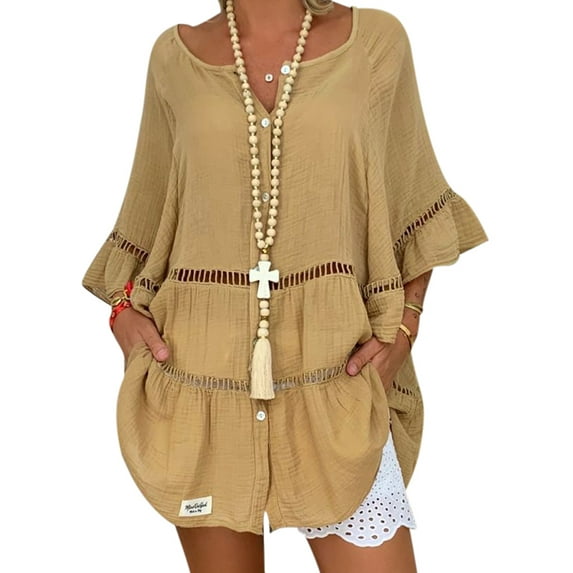 Glonme Ladies Tee Boat Neck T Shirt Long Sleeve Tops Beach Fashion Tunic Bohemian Solid Color T-shirt Khaki XXL