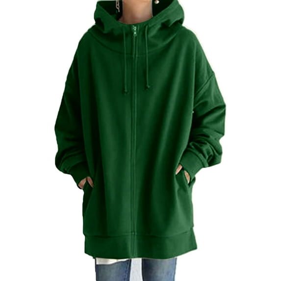 Glonme Loose Fit Hooded Jacket Womens Casual Pockets Zip up Hoodies Tunic Sweatshirt Plus Size Long Hoodie Jacket Dark Green S