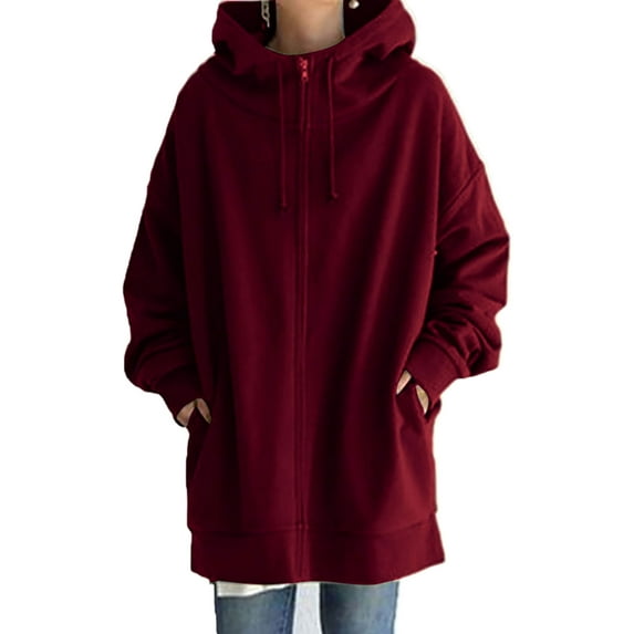 Glonme Loose Fit Hooded Jacket Womens Casual Pockets Zip up Hoodies Tunic Sweatshirt Plus Size Long Hoodie Jacket Wine Red 2XL