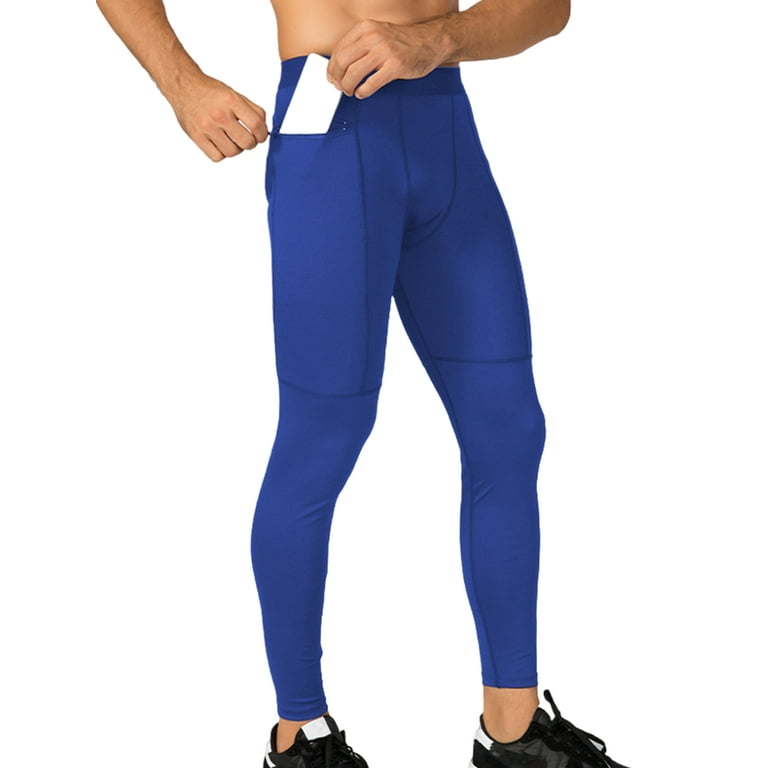Glonme Men Leggings High Waisted Tights Cool Dry Compression Pants Running  Active Base Layer Breathable Elastic Waist Sport Pant Blue XL 