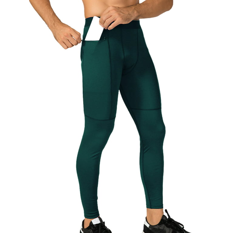 Glonme Men Leggings High Waisted Tights Cool Dry Compression Pants Running  Active Base Layer Breathable Elastic Waist Sport Pant Dark Green S 
