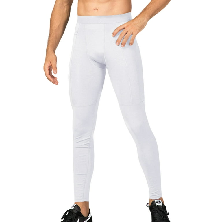Glonme Men Leggings High Waisted Tights Cool Dry Compression Pants Running  Active Base Layer Breathable Elastic Waist Sport Pant White 2XL