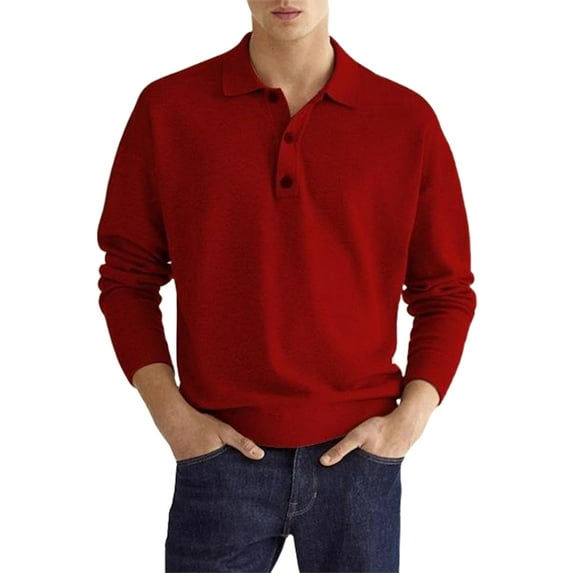 Glonme Men T Shirts Long Sleeve Tee Solid Color Polo Shirt Sport Casual Blouse Athletic Lapel Neck T-shirt Red 3XL
