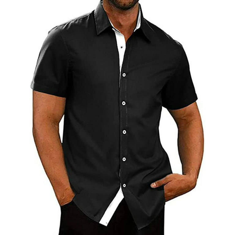 Glonme Men Tops Lapel Neck T Shirt Short Sleeve Summer Shirts Vacation  Casual Tee Hawaiian Button Down T-shirt Black 3XL 