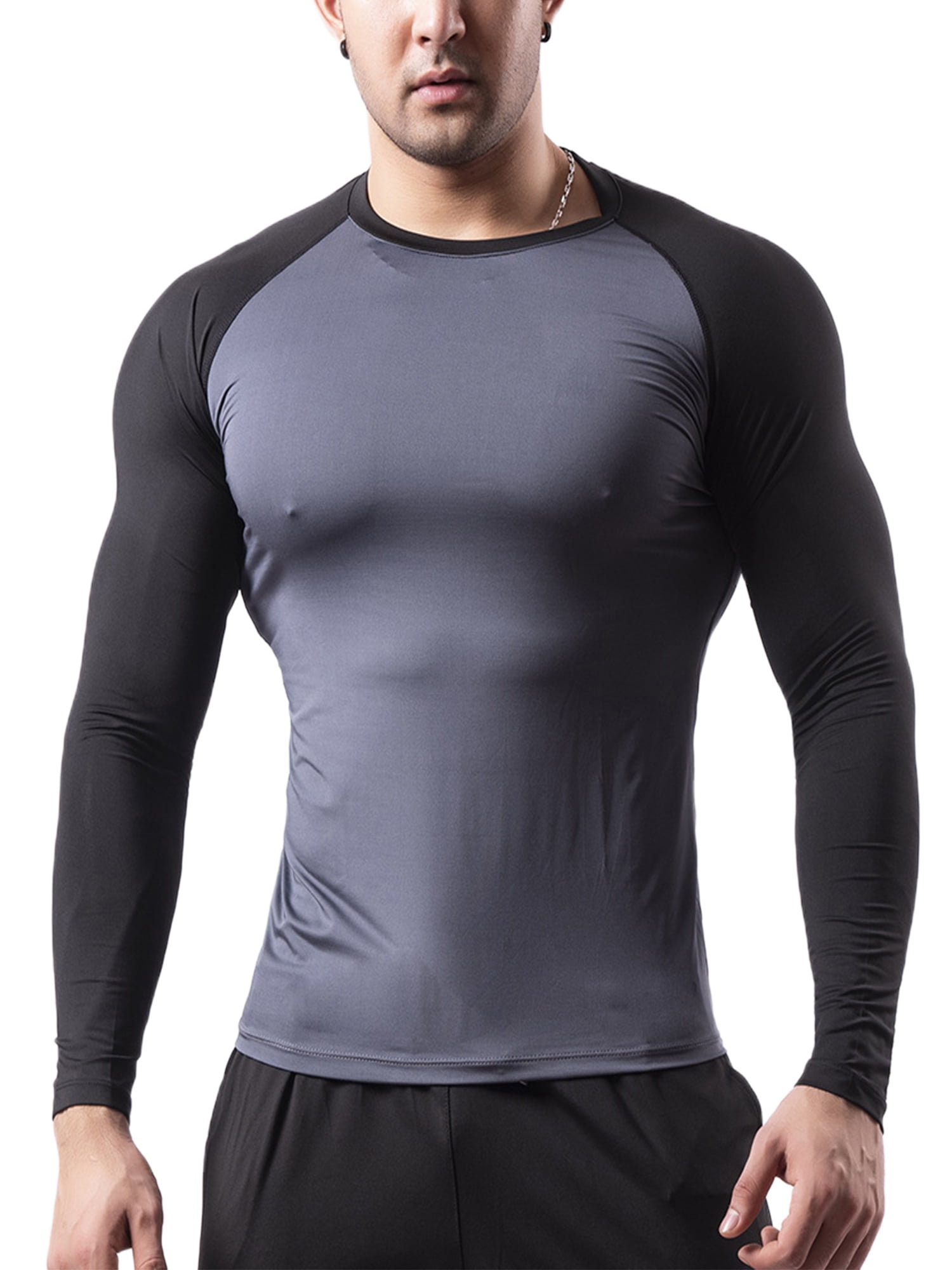Glonme Men s Baselayer Tops Quick Dry Compression T Shirts Crew Neck Sport Shirt Fitness Slim Fit Workout T shirt Breathable Long Sleeve Gray Black XL