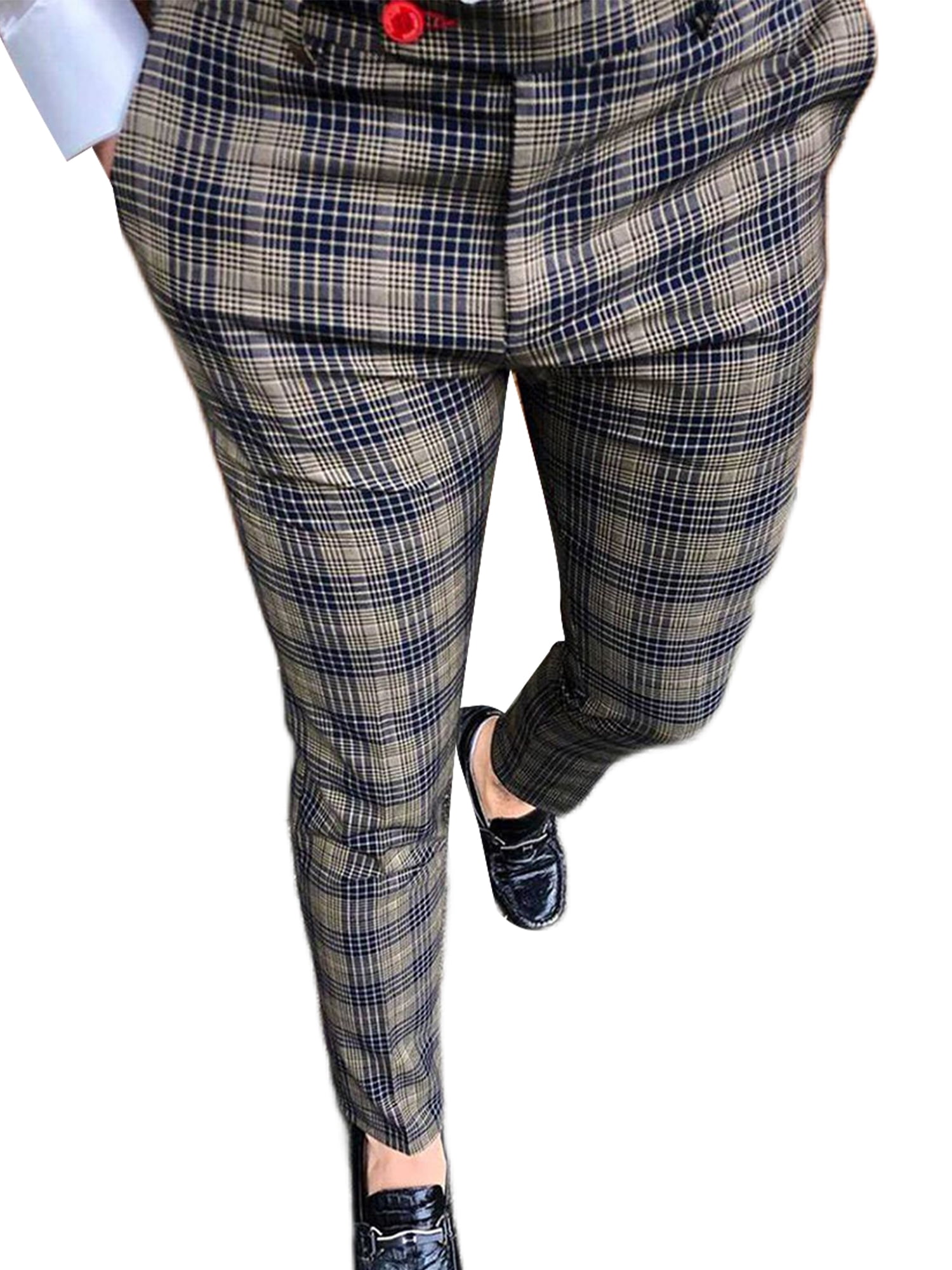 Glonme Men's Pants Striped Trousers Plaid Pencil Pant Work Fitted
