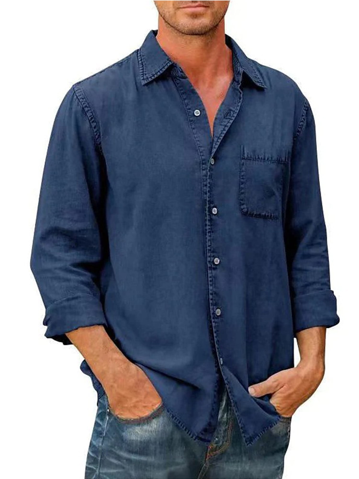 Glonme Mens Jean Shirts Long Sleeve Denim Shirt Button Down Tunic