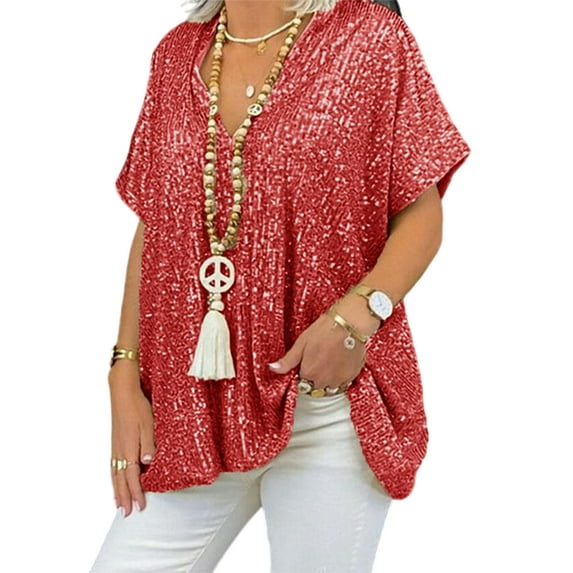 Glonme T Shirt for Women Short Sleeve T-shirt Sequin Summer Tops Work Fashion Tunic Blouse Loose V Neck Pullover Light Yellow 5XL