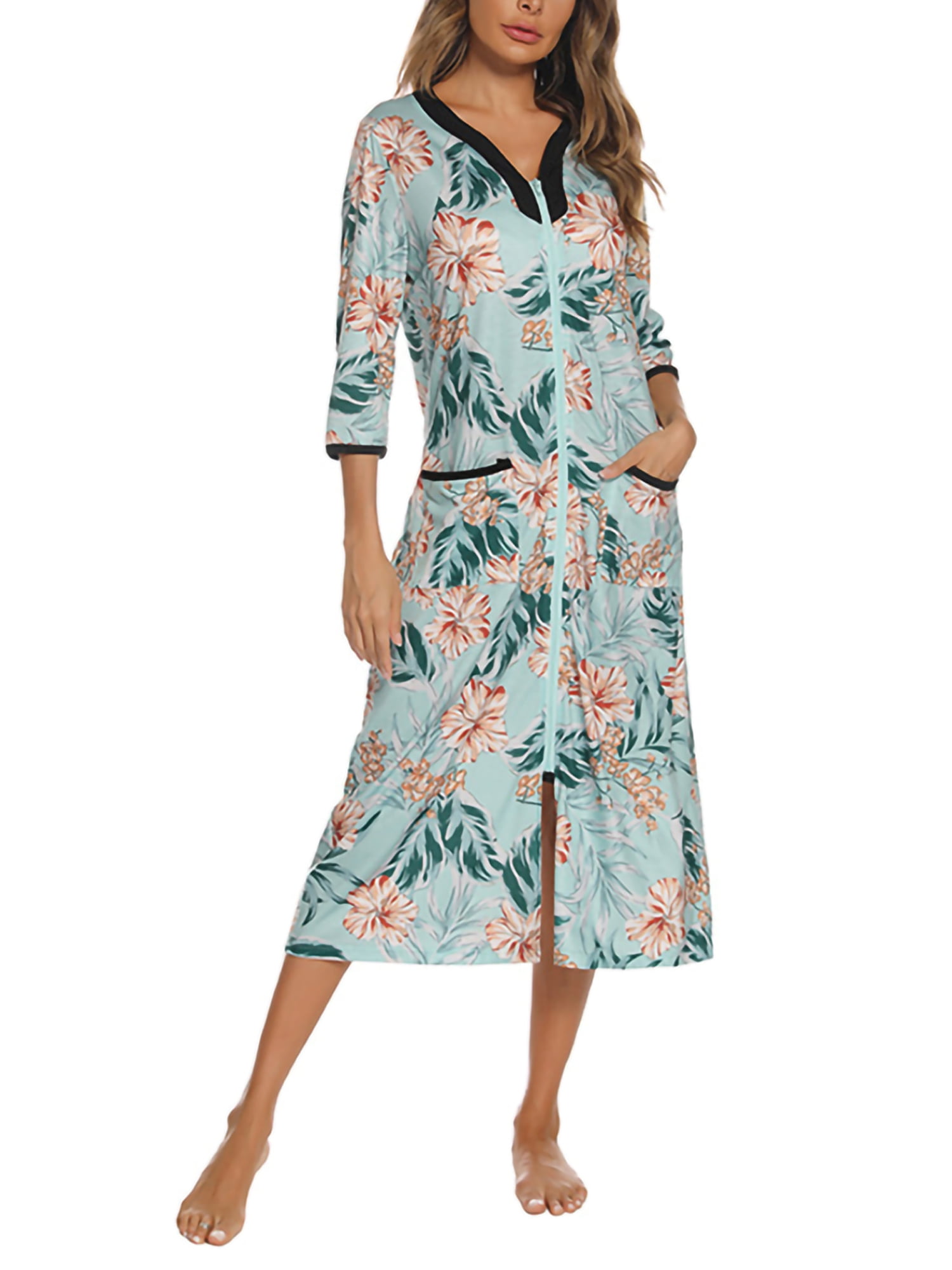 Glonme V Neck Bathrobe for Women Split Sleepwear Robe Soft Front Zip