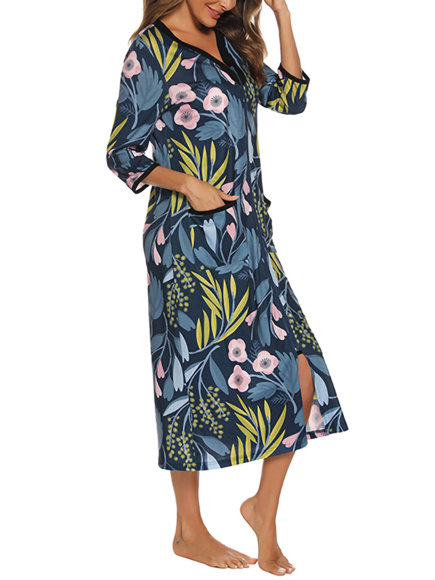 Glonme V Neck Bathrobe for Women Split Sleepwear Robe Soft Front Zip