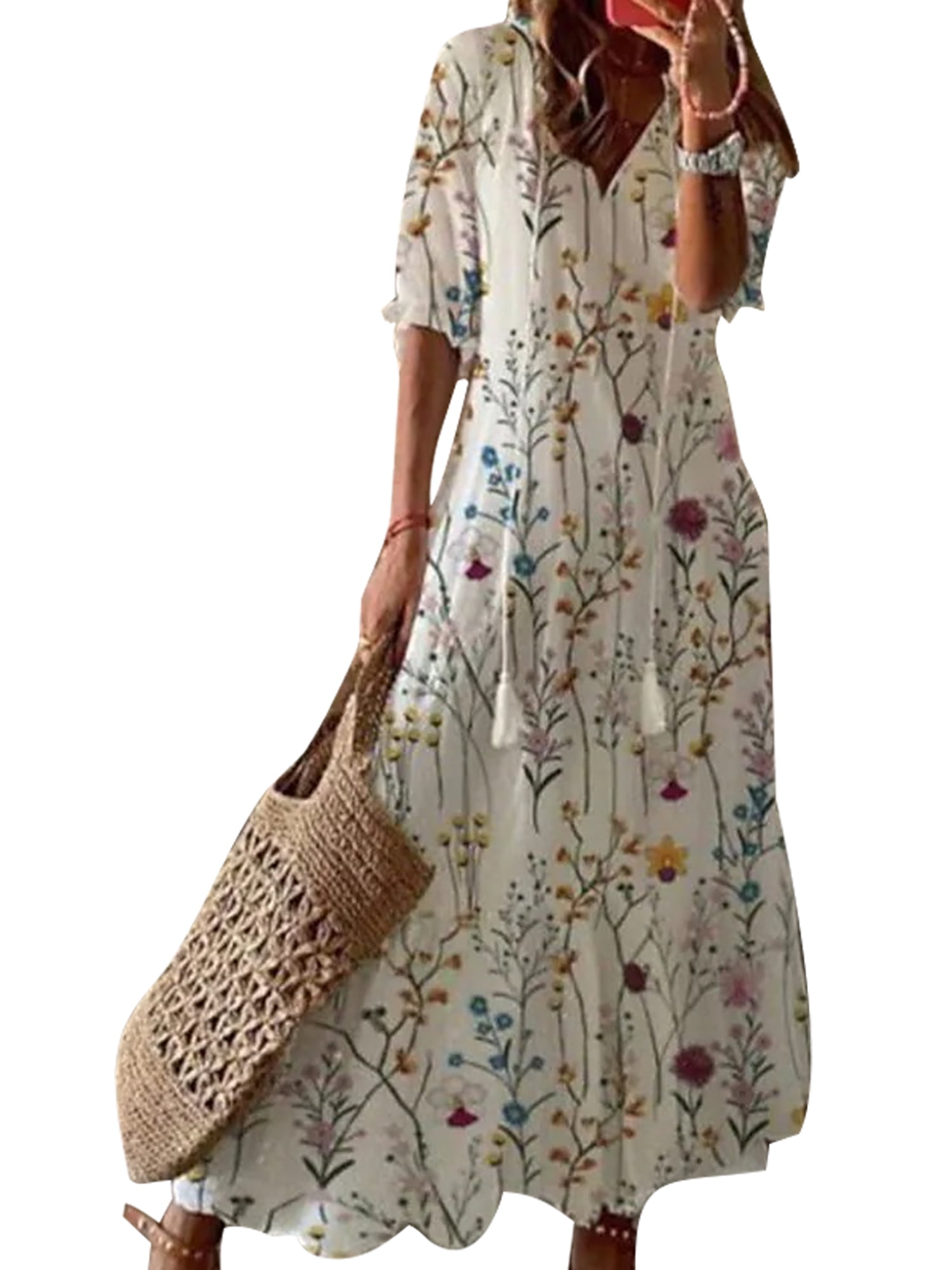 Charm Your Prince Women's Rayon Floral Maxi Dress | Casual Tank Top Dress, 95% Rayon 5% Spandex | Length 54 Inches