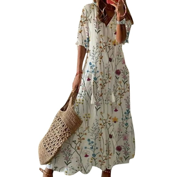 Glonme V Neck Long Dress for Women Loose Travel Summer Beach Sundress Bohemian Swing Maxi Dresses Floral Color XXL