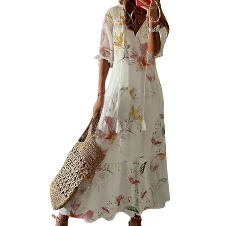 Glonme V Neck Long Dress for Women Loose Travel Summer Beach Sundress Bohemian Swing Maxi Dresses Milky White S