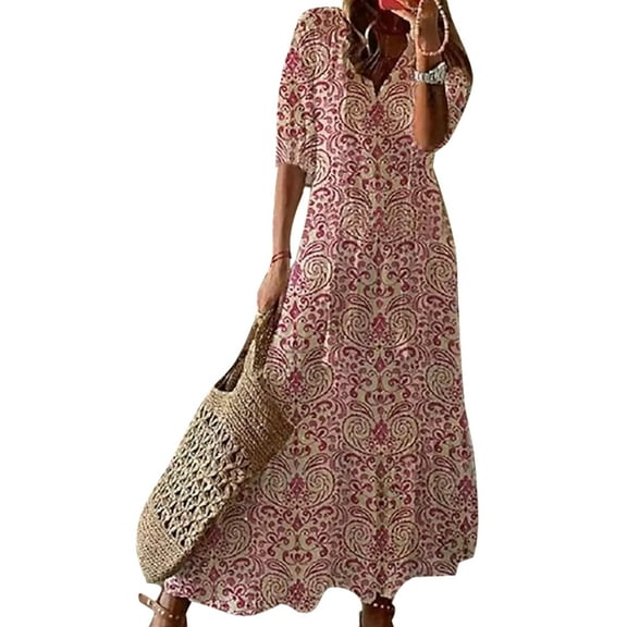Glonme V Neck Long Dress for Women Loose Travel Summer Beach Sundress Bohemian Swing Maxi Dresses Pink L