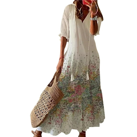 Glonme V Neck Long Dress for Women Loose Travel Summer Beach Sundress Bohemian Swing Maxi Dresses White-A L