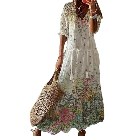Glonme V Neck Long Dress for Women Loose Travel Summer Beach Sundress Bohemian Swing Maxi Dresses White-B XXL