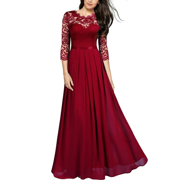 Glonme Women Bridesmaid Dresses Floral Print Prom Gown Lace Maxi Dress Wedding Formal Sundress 3 4 Sleeve Long Wine Red M