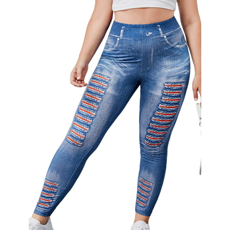 Glonme Women Faux Denim Pant High Waist Fake Jeans Tummy Control Plus Size  Leggings Sport Breathable Jeggings Tight Butt Lifting Trousers Blue 4XL